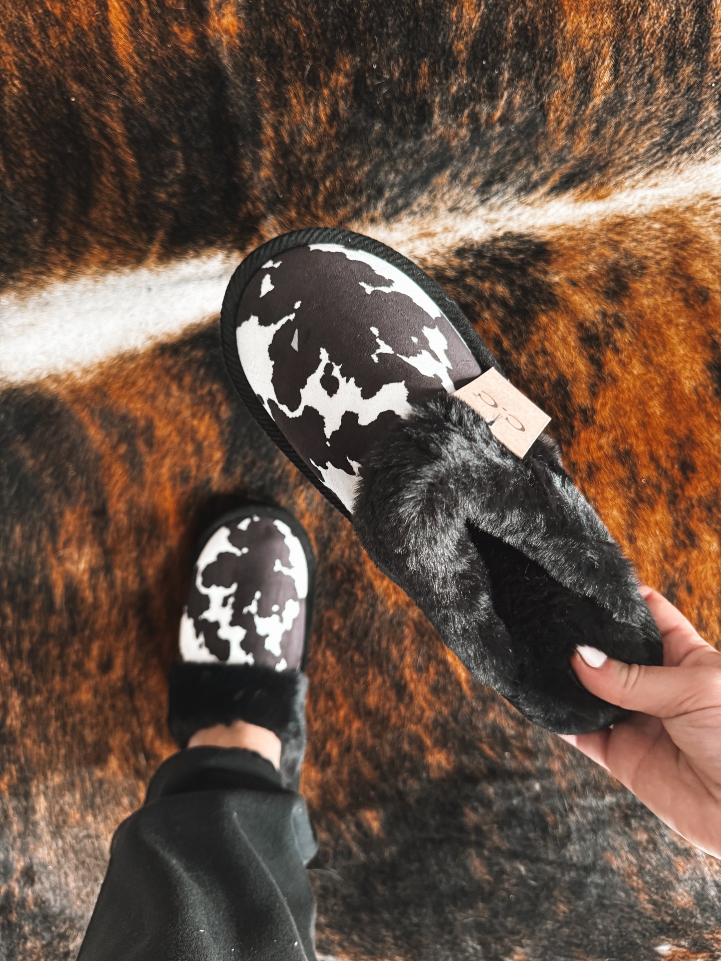 C.C Beanie - Black Cowprint Slippers