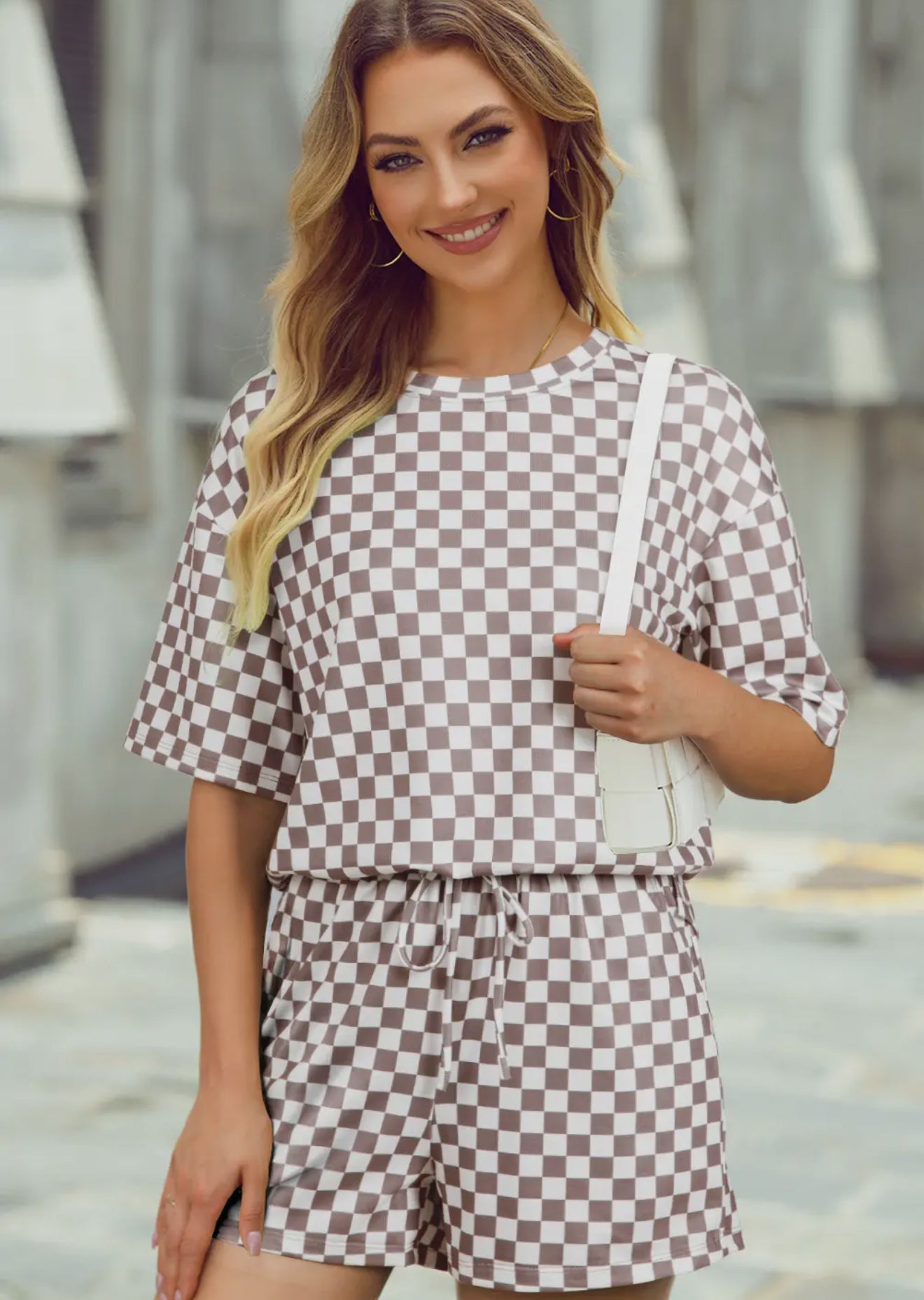 Brown & White Checkered T Shirt / Short Set