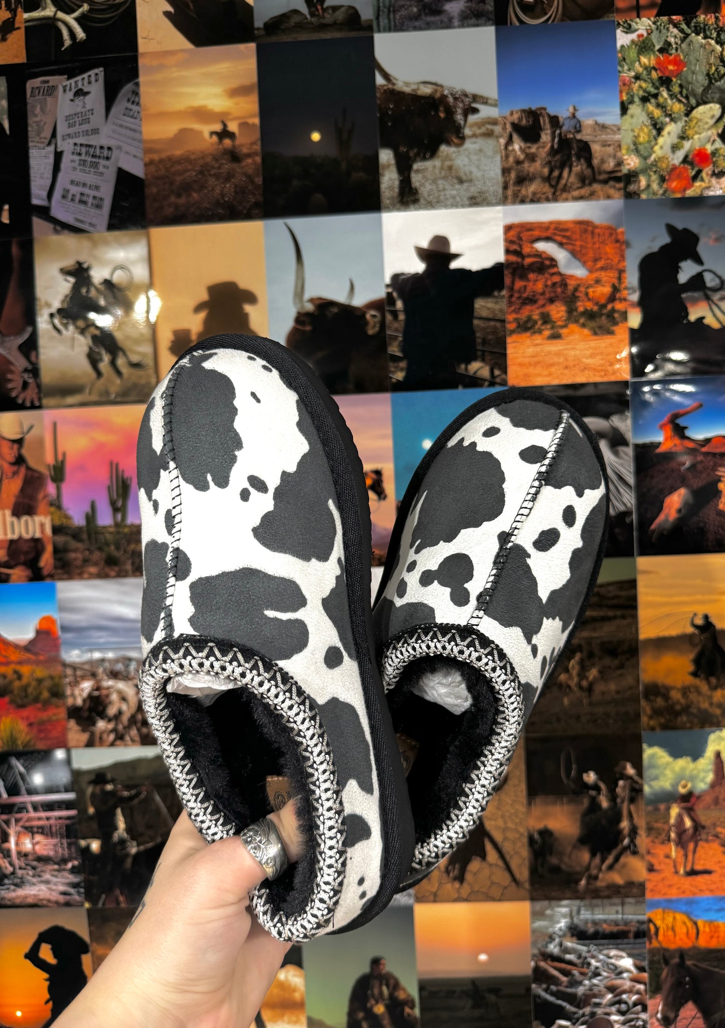 The Branded Roan - Black & White Cow Print Slippers