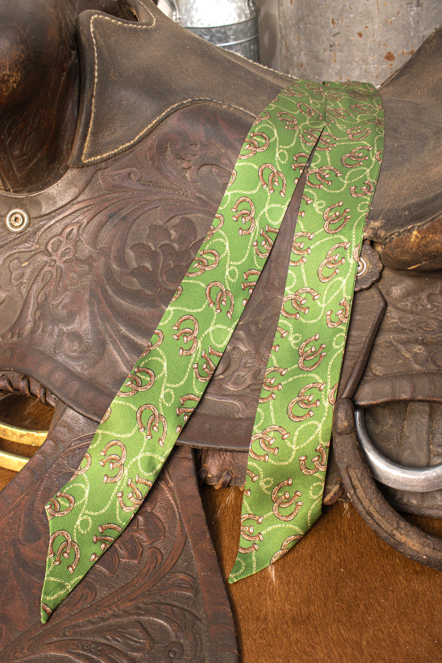 Green Silk Twilly W/ Horseshoes & Rope Details