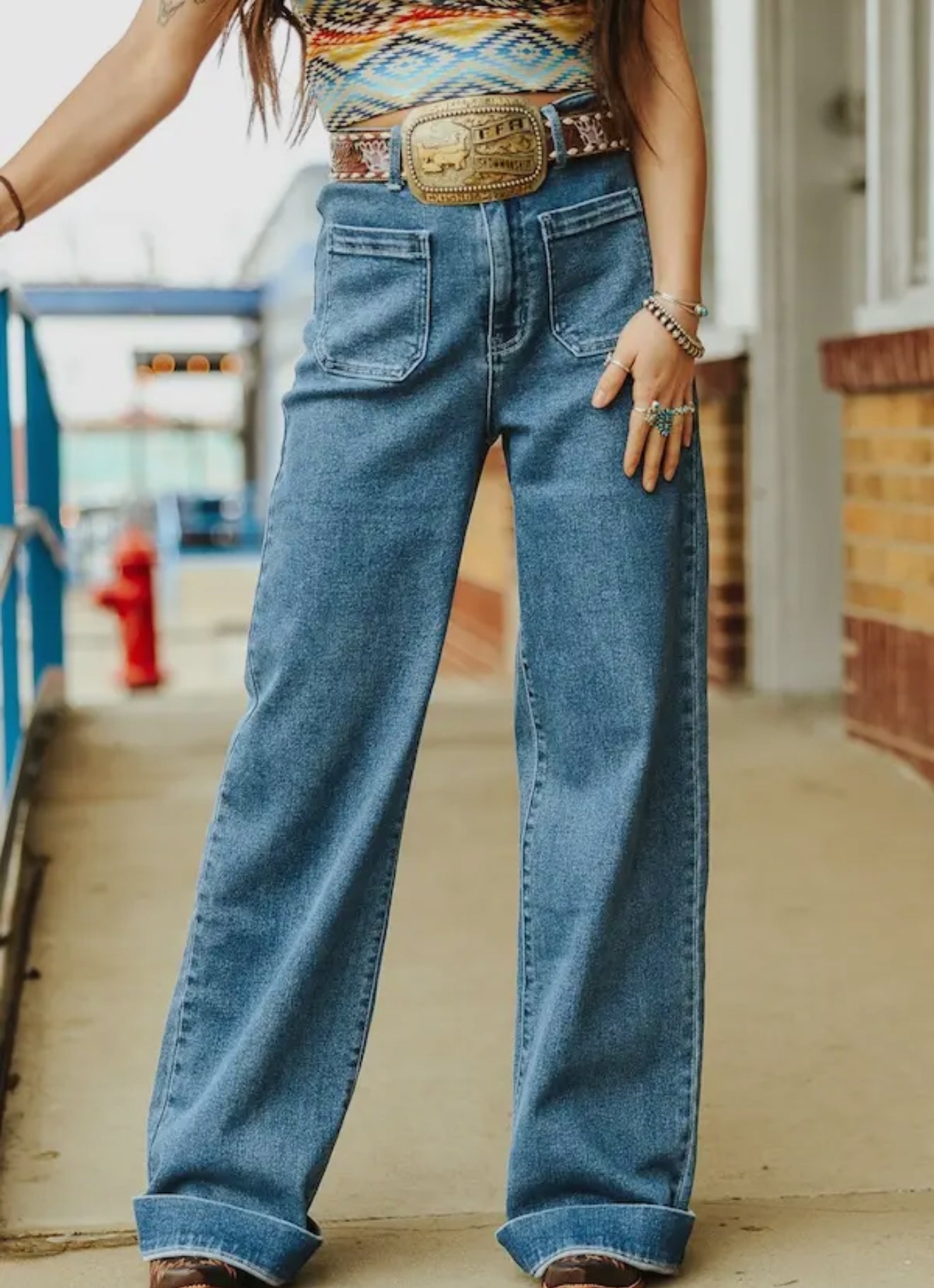 Mid Wash High Rise Front Pocket Jeans