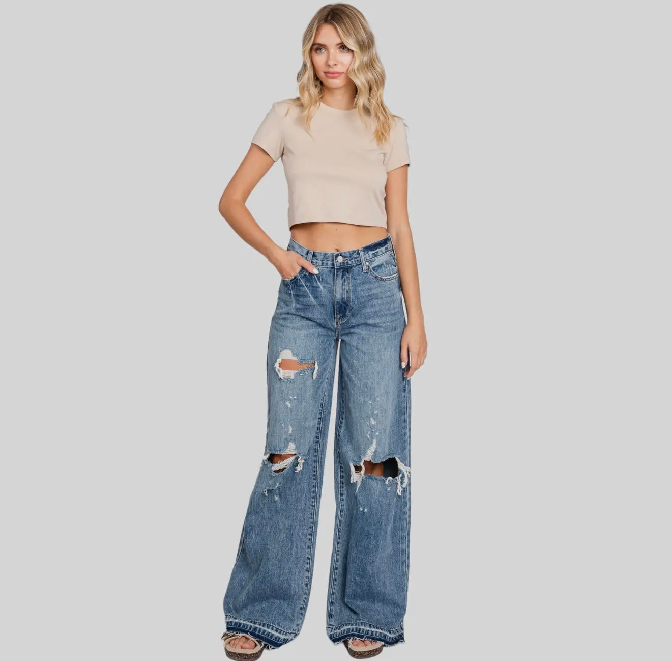 Distressed High Rise Wide Leg Jeans