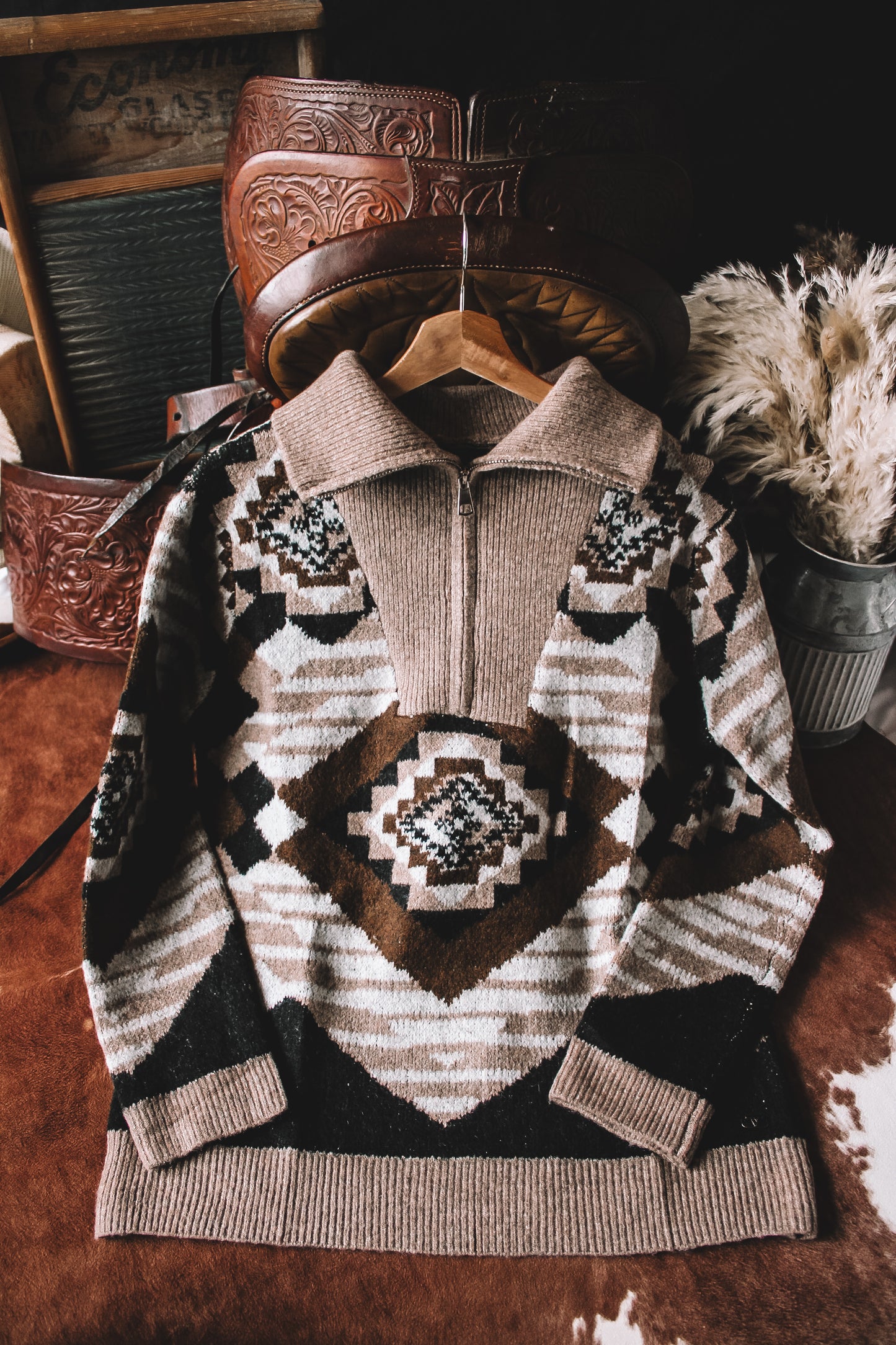Western Aztec Neutral 1/4 Zip Sweater