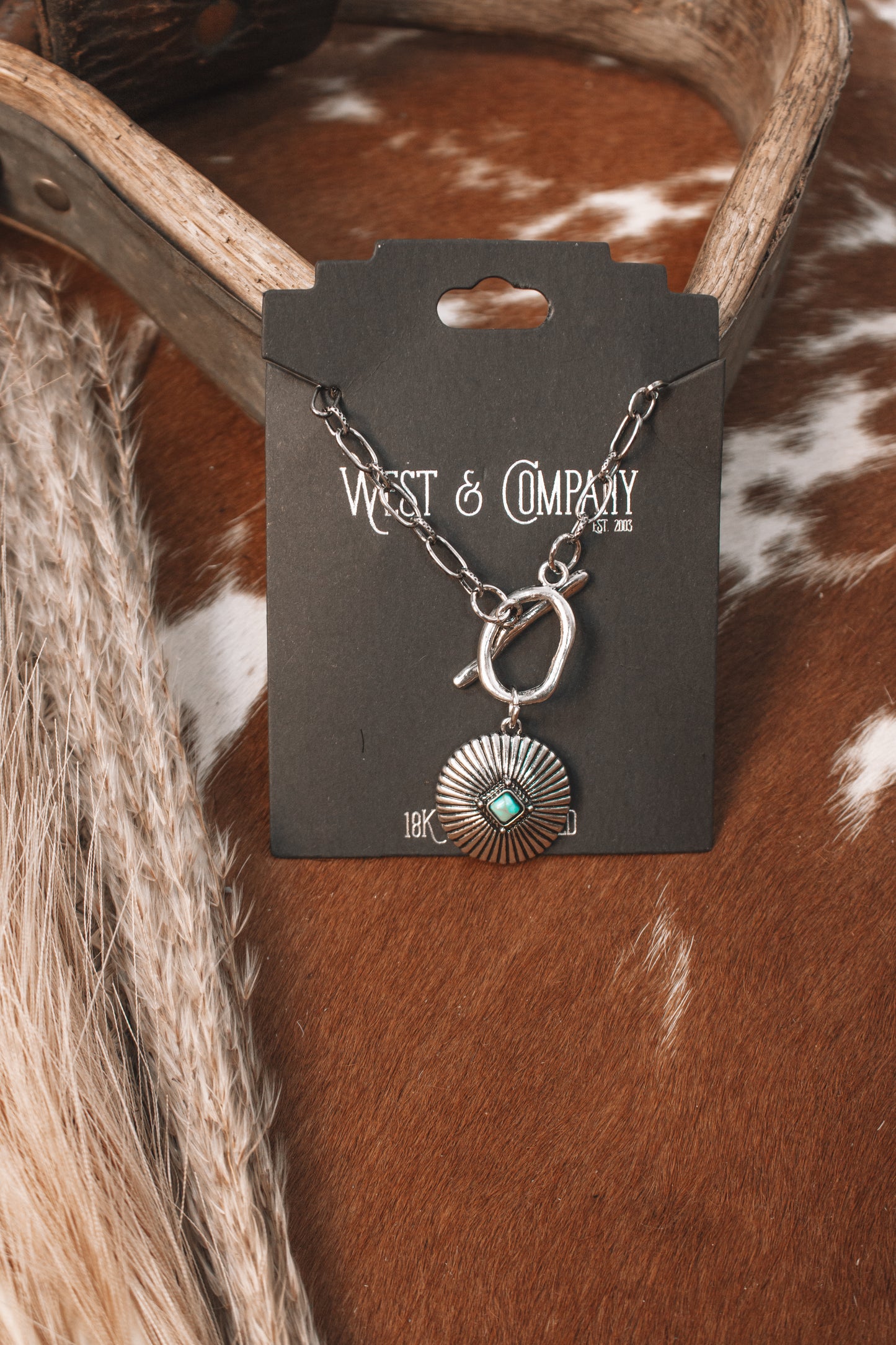 18k White Gold Necklace W/ Concho Pendant & Toggle Closure