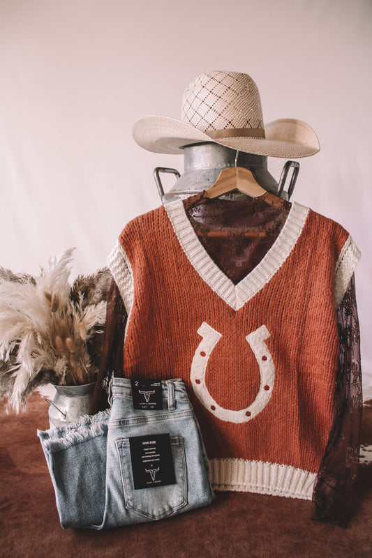 Rust Horse Shoe V Neck Sweater Vest