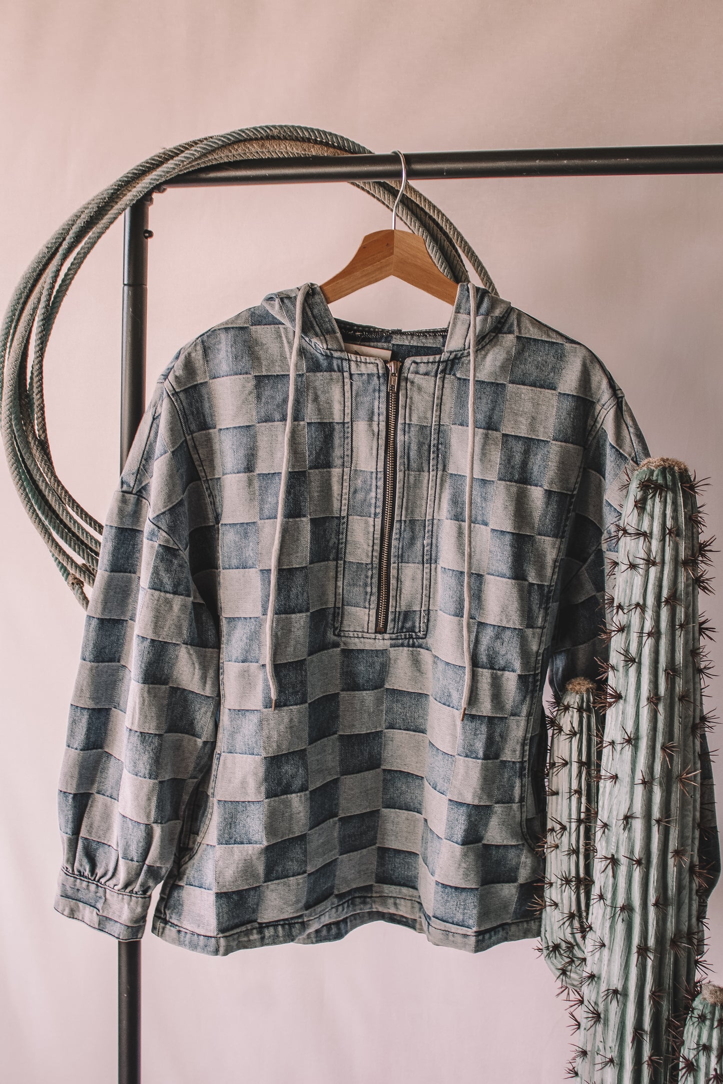 Denim Checkered 1/4 Zip