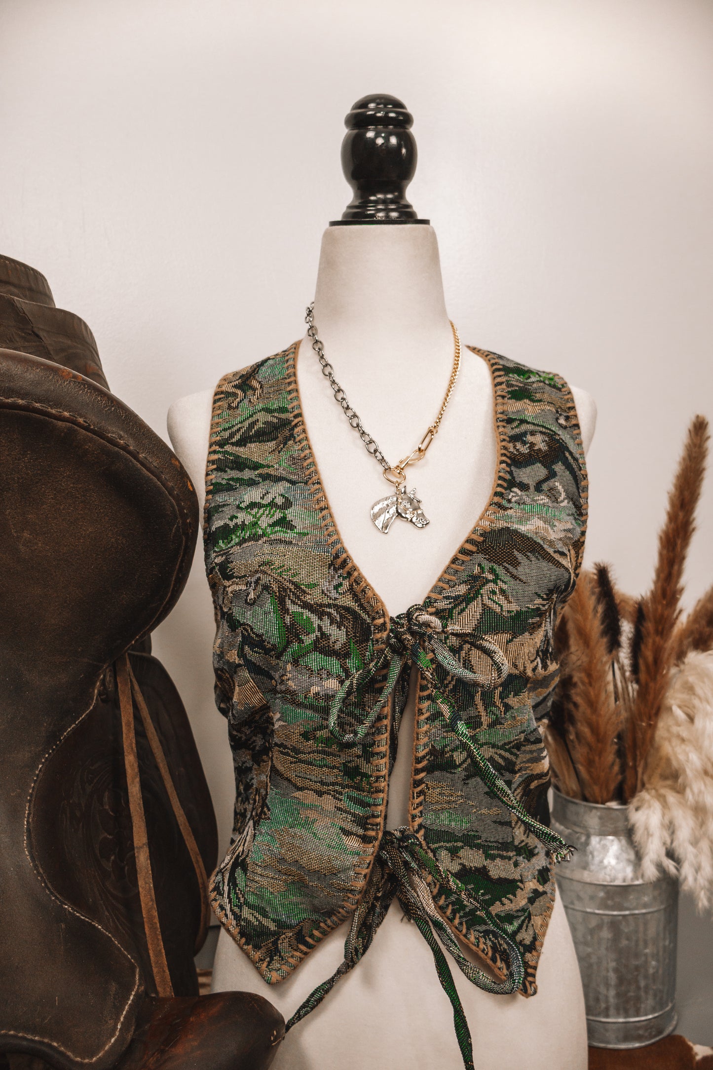 Jacquard Multi Green Horse Woven Tie Front Halter Top