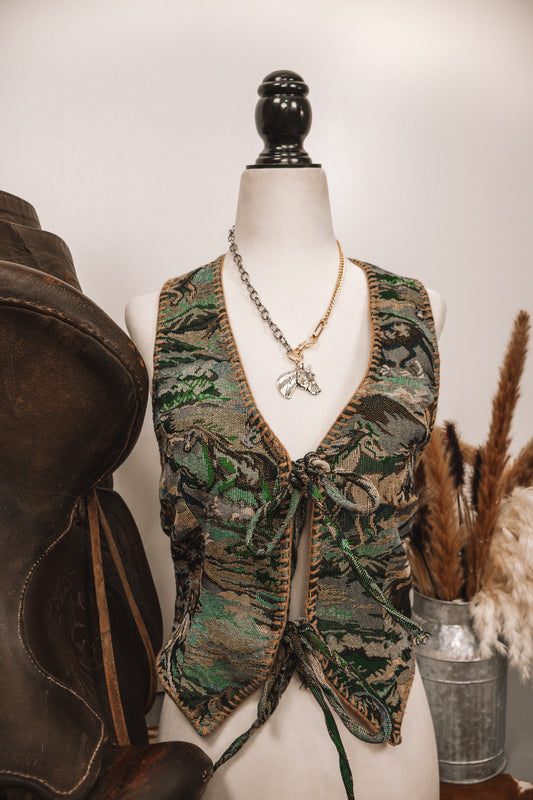 Jacquard Multi Green Horse Woven Tie Front Halter Top
