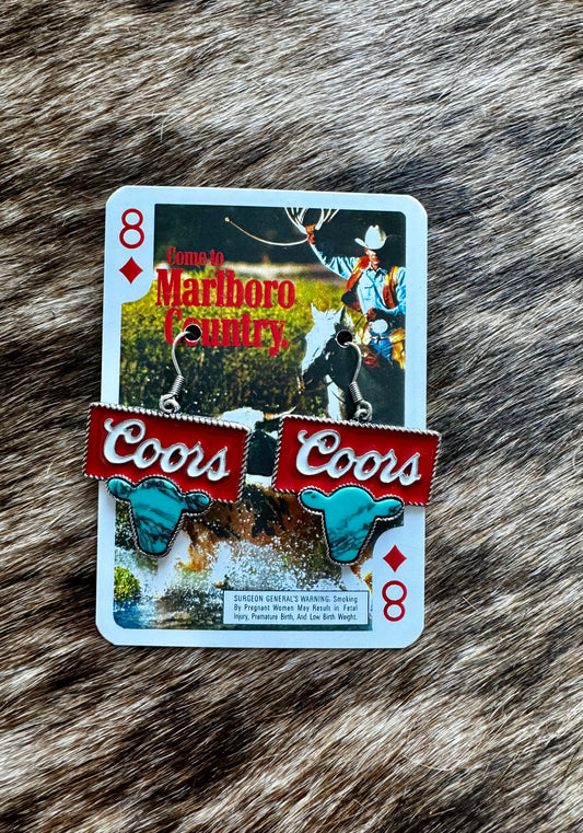 The Branded Roan - Coors Turquoise Cowhead Earrings