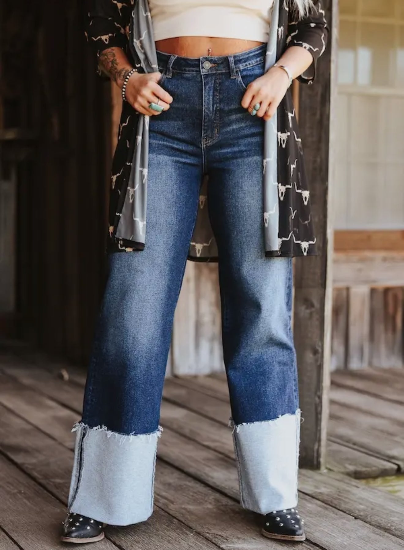 Dark Wash High Rise Cuffed Wide Leg Jeans