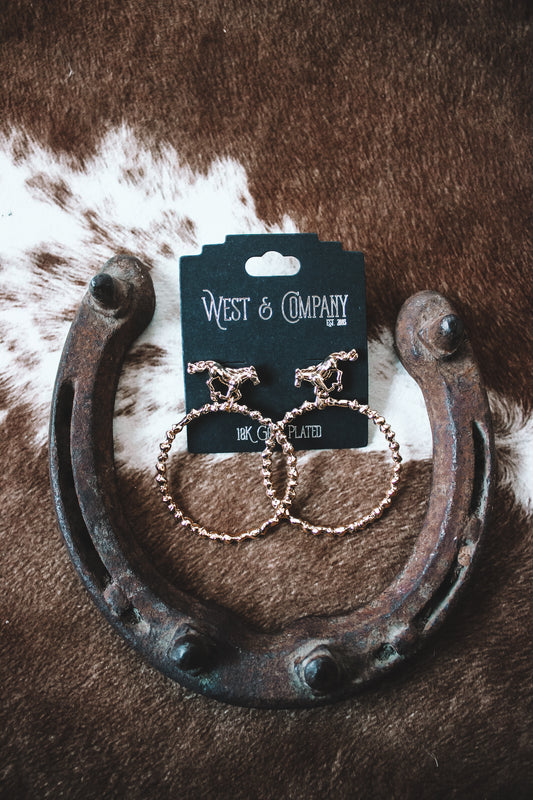18k Gold Plated Dangler Hoop Horse Earrings