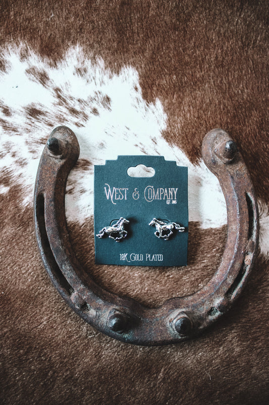 18k White Gold Plated Burnished Running Horse Earrings