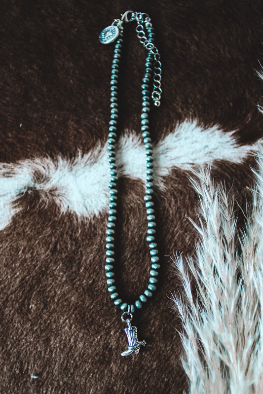 Faux Pearl Necklace with Cowboy Boot Charm
