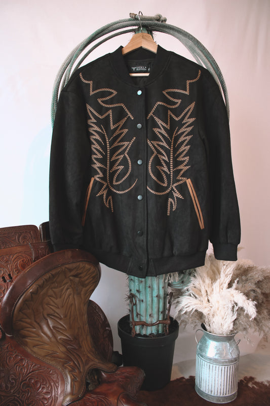 Black Suede Boot Stitch Embroidered Bomber
