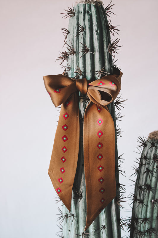Tan Silk Twilly Scarf with Aztec Print