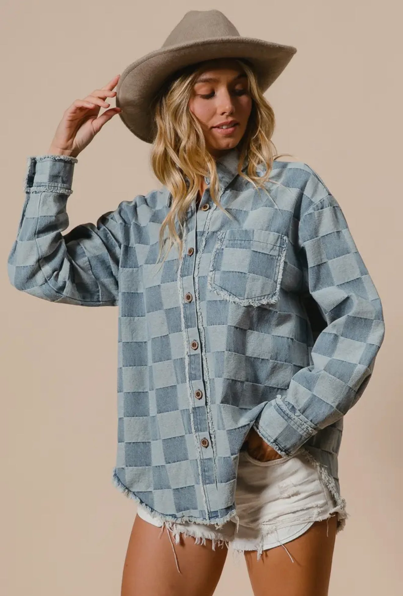 Checkered Denim Frayed Edge Jean Jacket