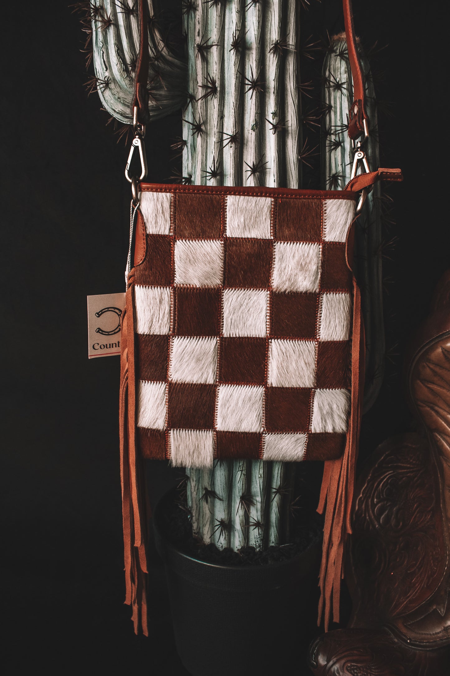 Stockdale Brown Checkered Fringe Bag