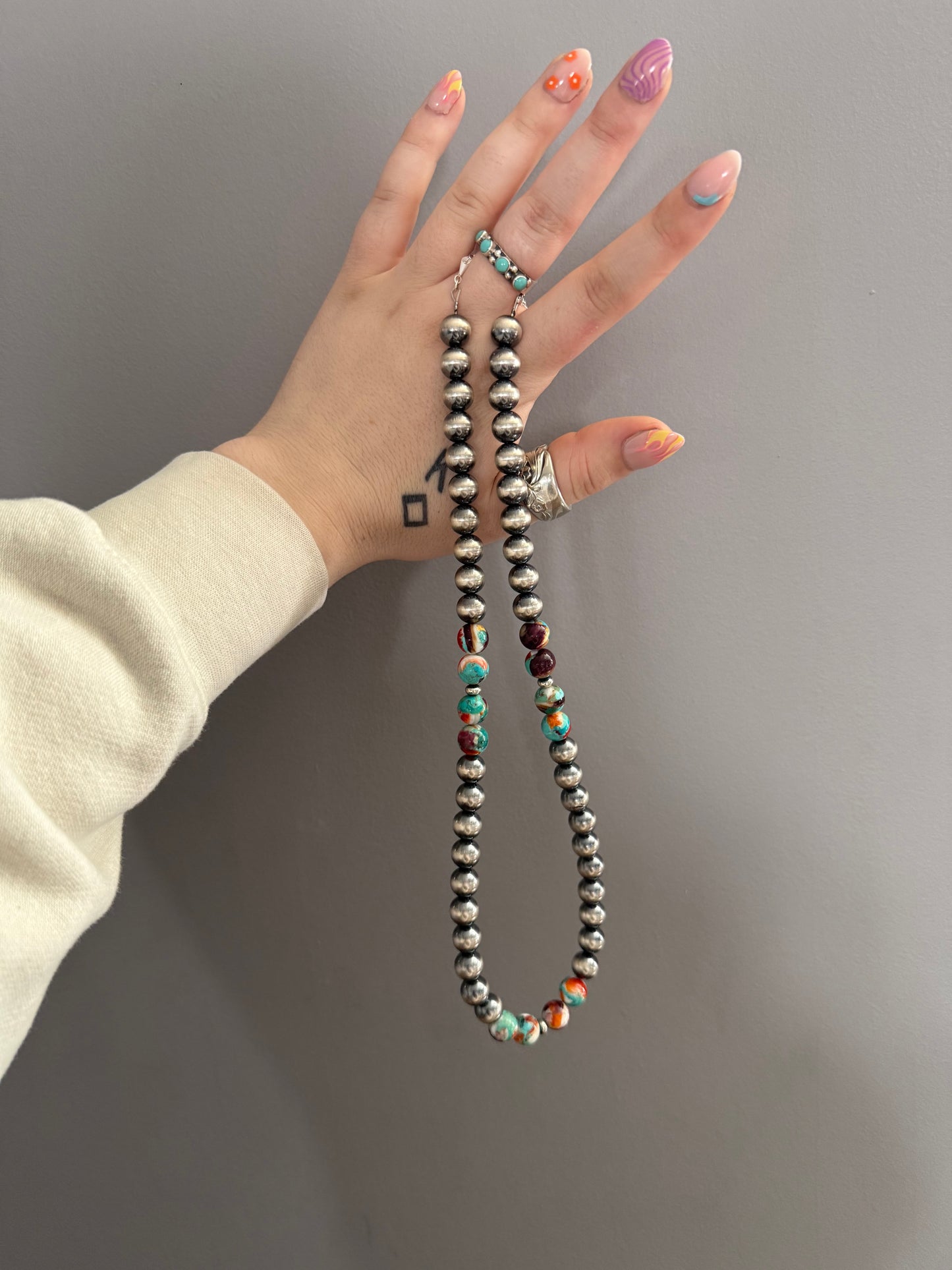 Sterling Silver Pearls W/ Orange & Purple Spiny Mix W/ Kingman Turquoise