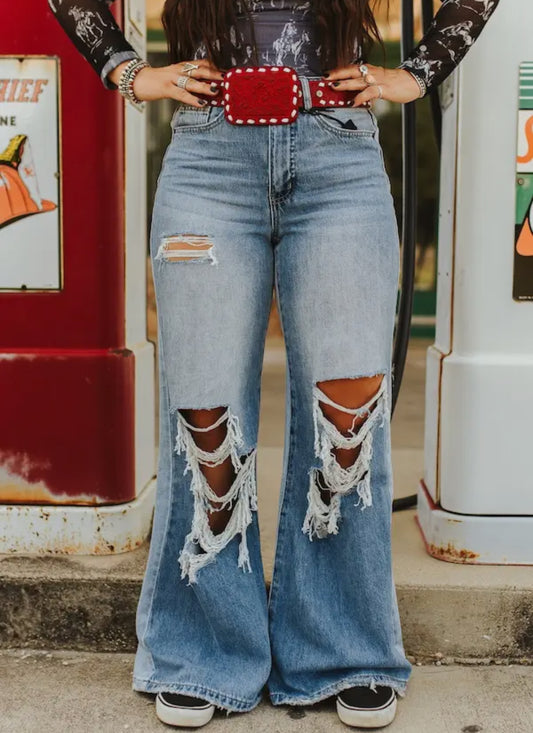 Light Wash High Rise Ripped Trousers