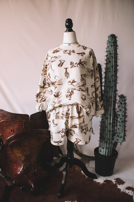 Western Print Crewneck & Short Set