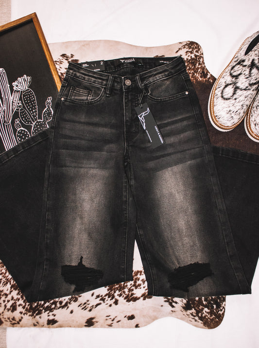 Black Wash High Rise Knee Rip Jeans