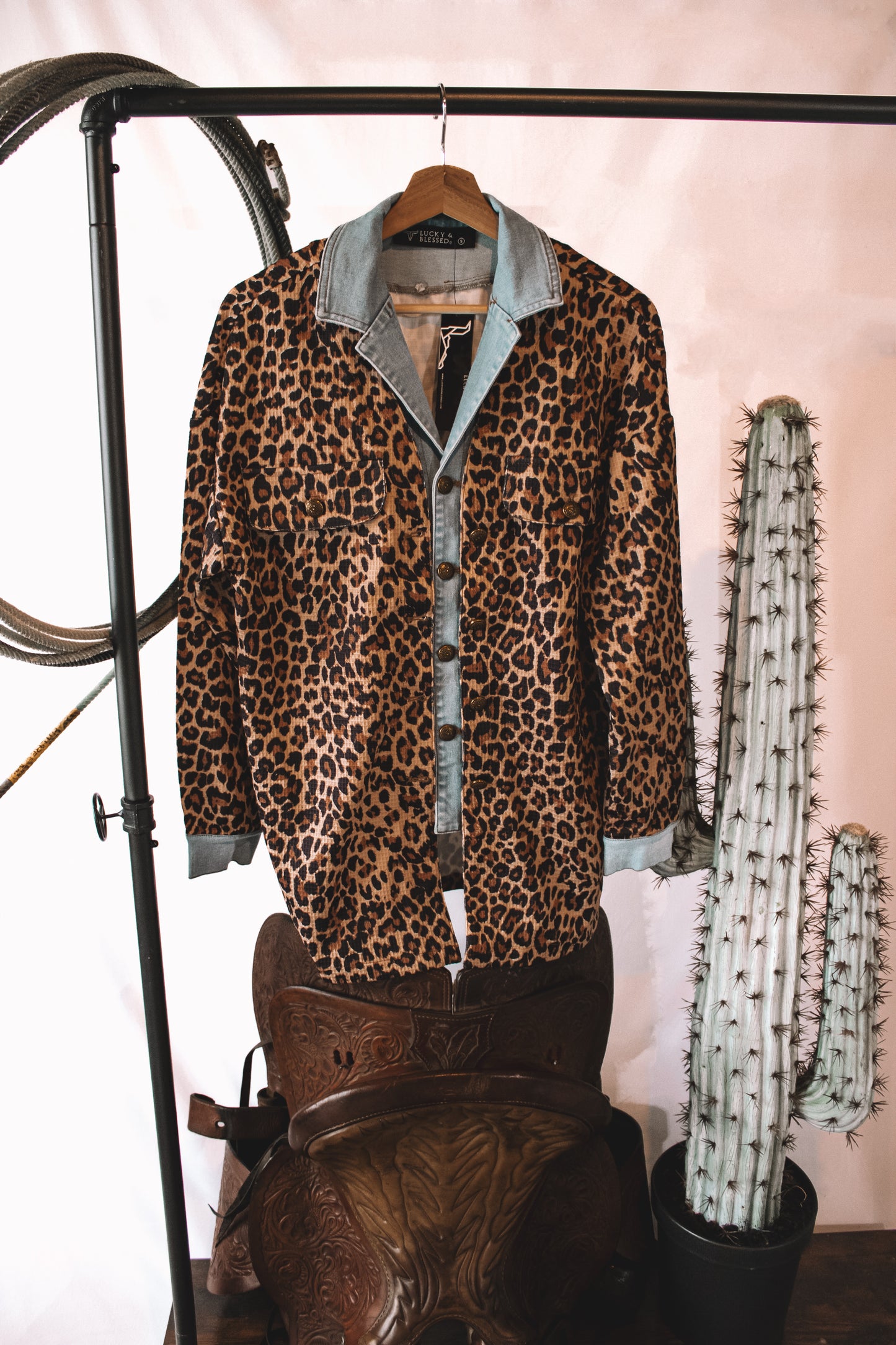 Cheetah Print Double Layered Denim Jacket