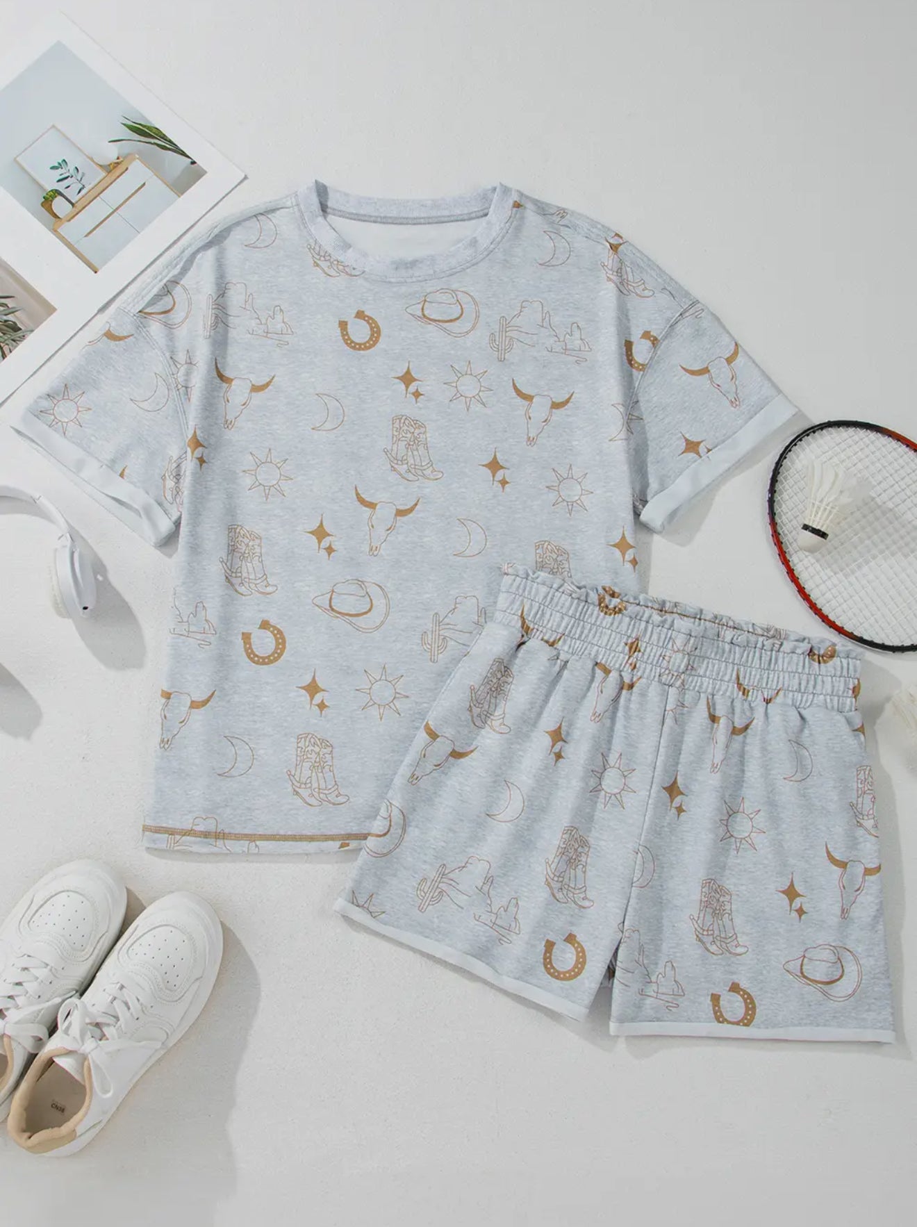 Western Print Grey T Shirt / Short Set
