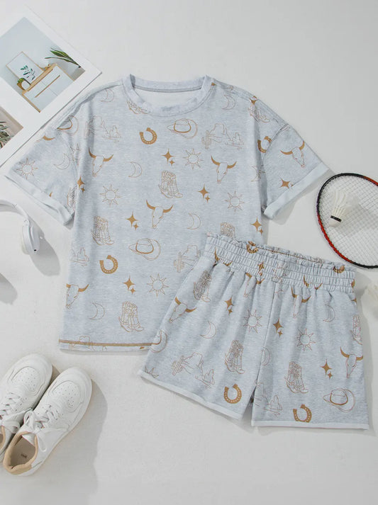 Western Print Grey T Shirt / Short Set
