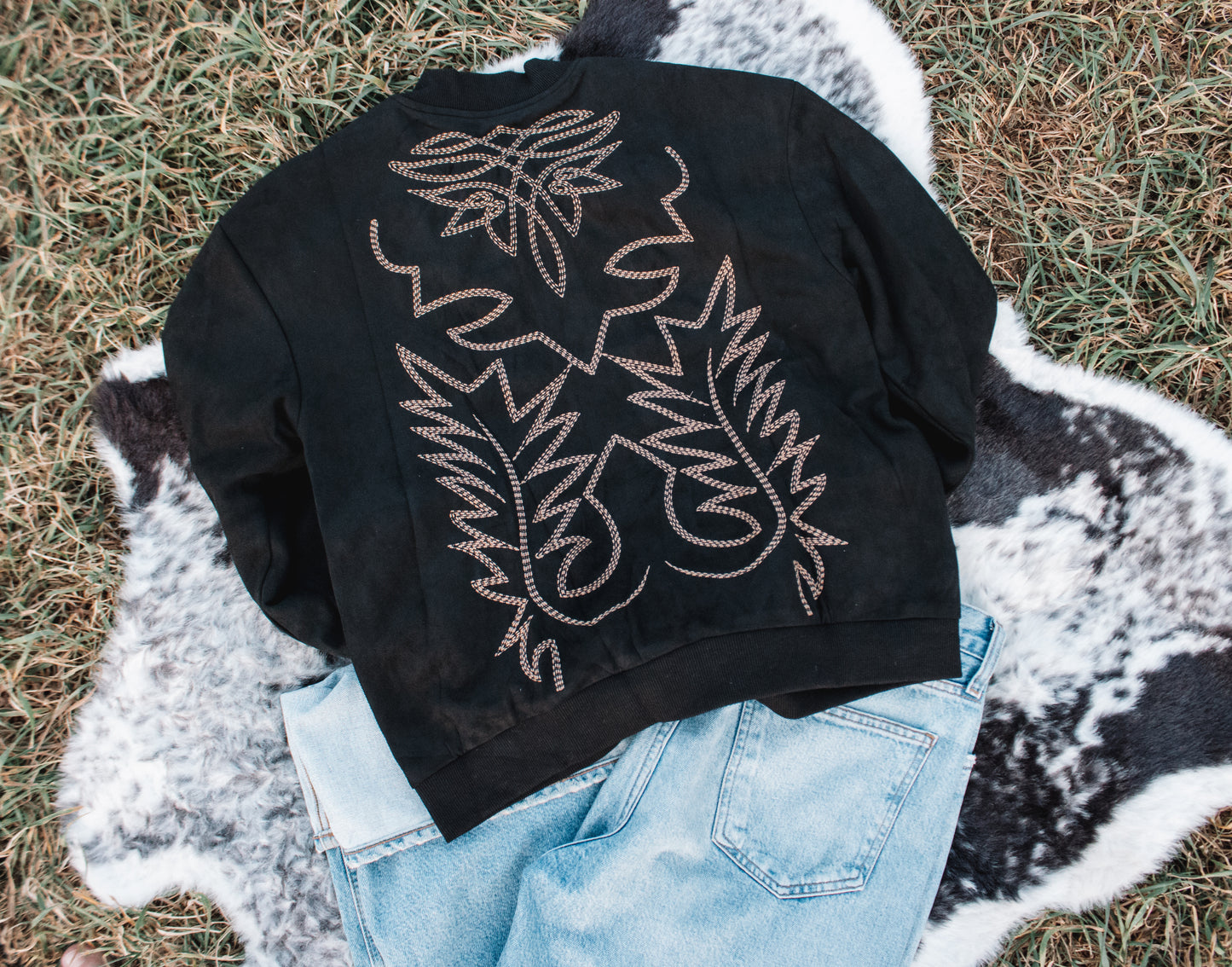 Black Suede Boot Stitch Embroidered Bomber