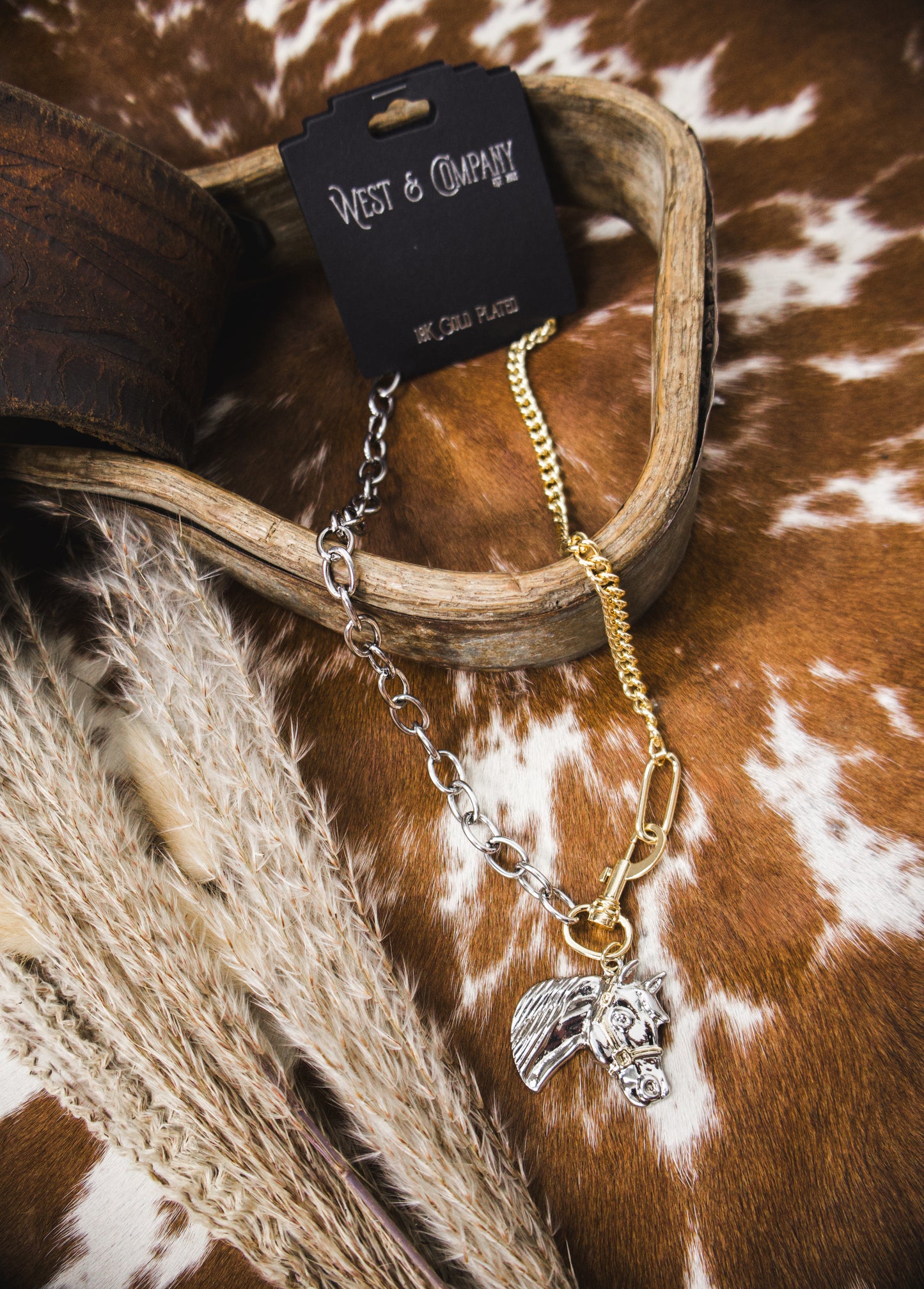 18K Two Tone Plated Chain Necklace W/Horse Pendant