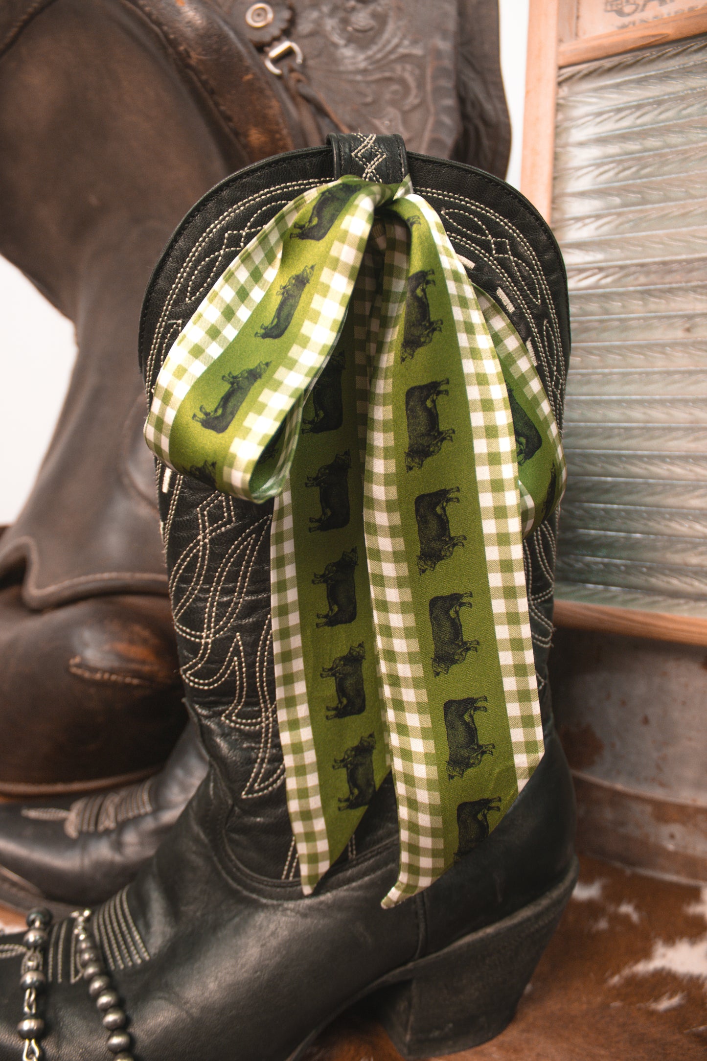 Sage Green Gingham Cow Twilly