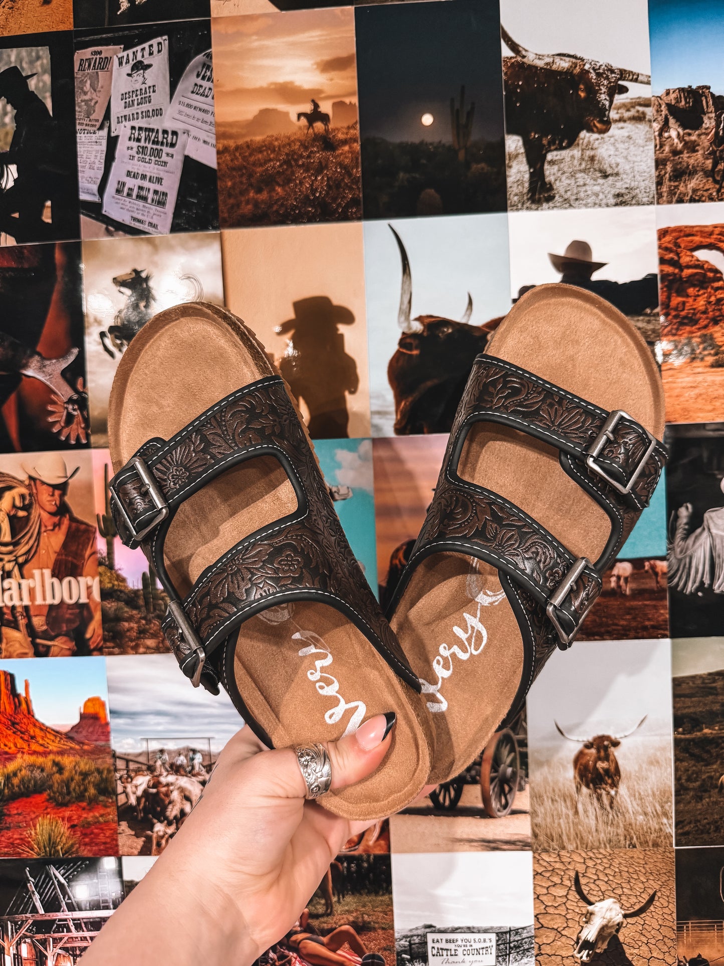 Black & Brown Double Band Tooled Sandals