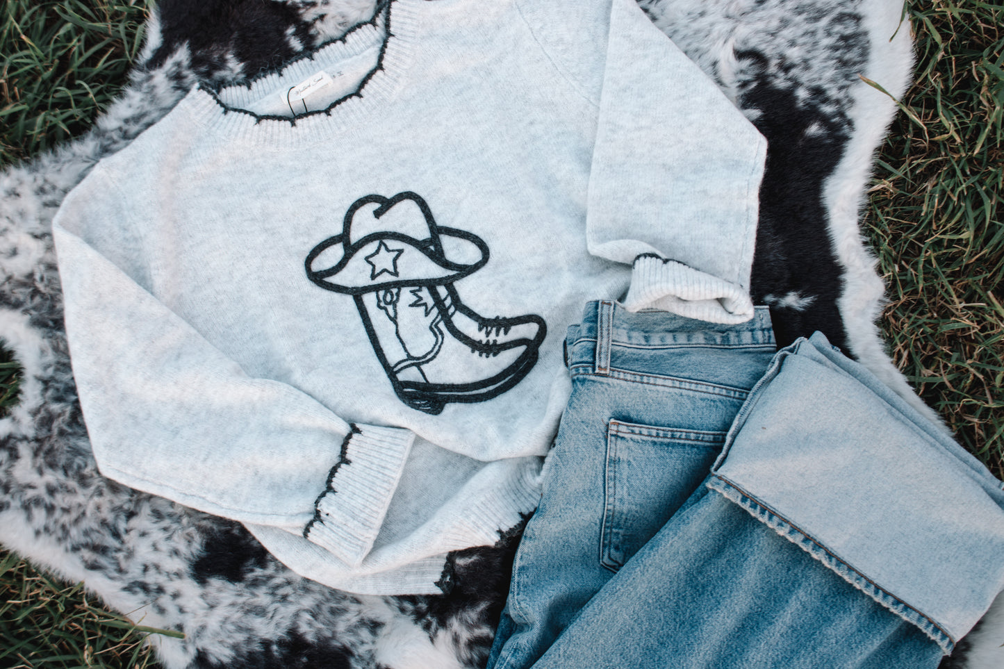 Grey Chain Stitch Cowboy Boot Sweater