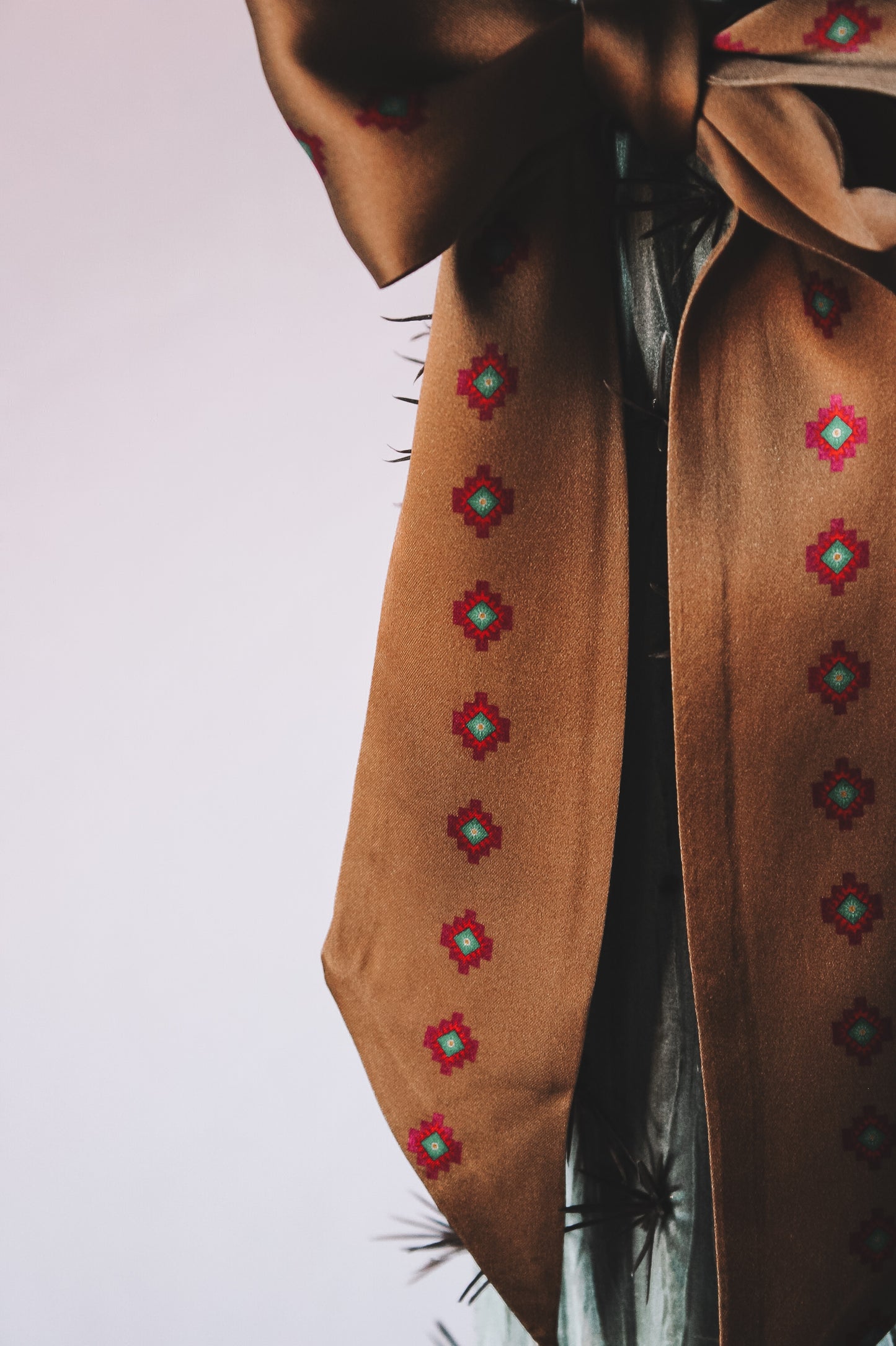Tan Silk Twilly Scarf with Aztec Print