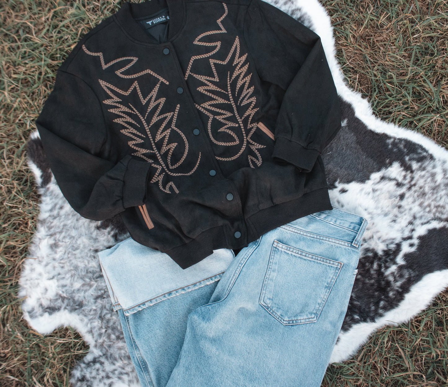 Black Suede Boot Stitch Embroidered Bomber