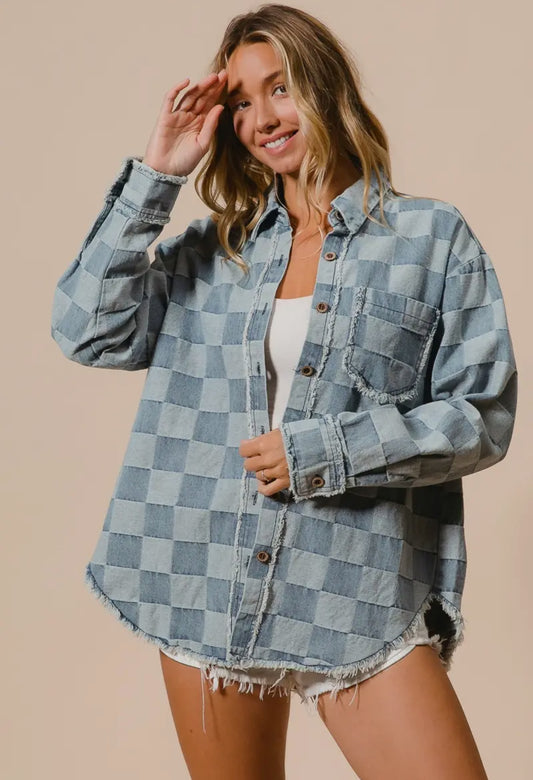 Checkered Denim Frayed Edge Jean Jacket