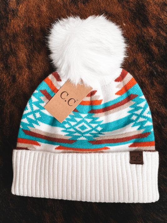 C.C Beanie - White Aztec Pom Beanie