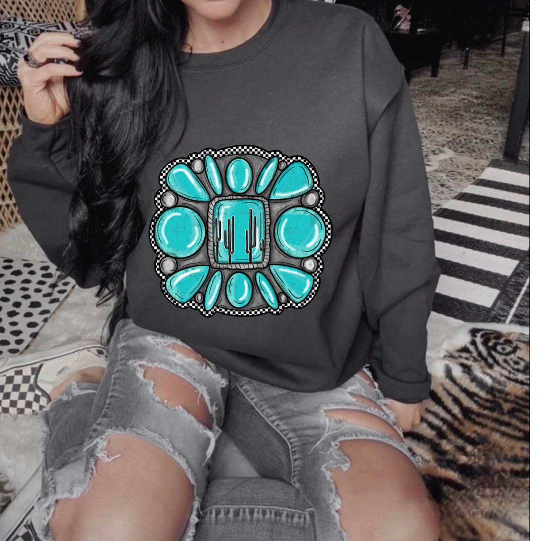 The Branded Roan - Turquoise Checkered Crew
