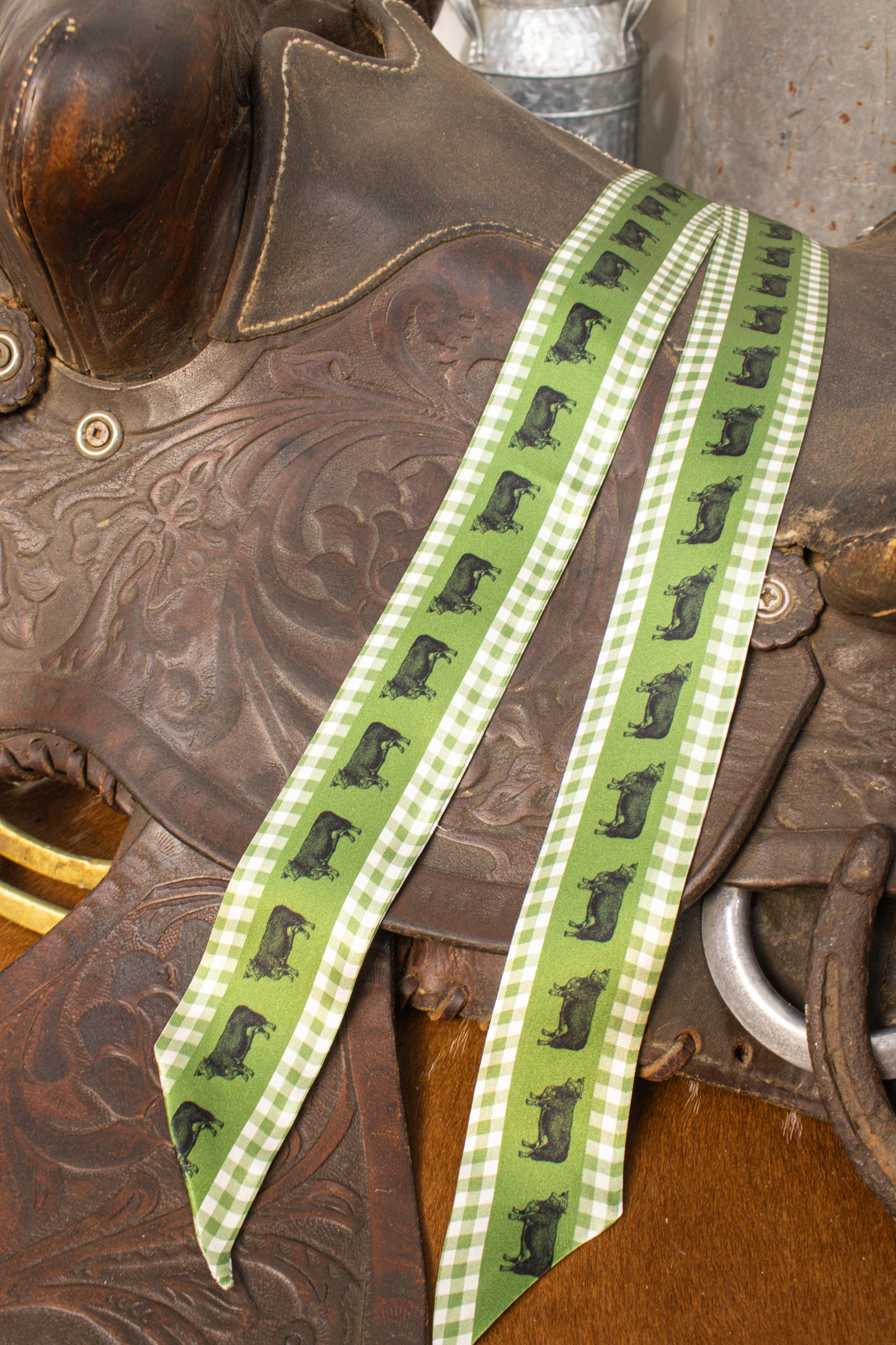 Sage Green Gingham Cow Twilly