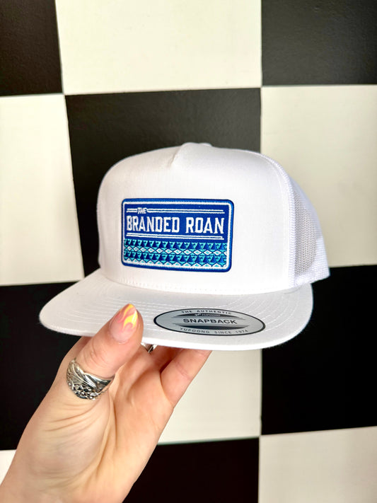 White Ball Cap With Blue Aztec Patch