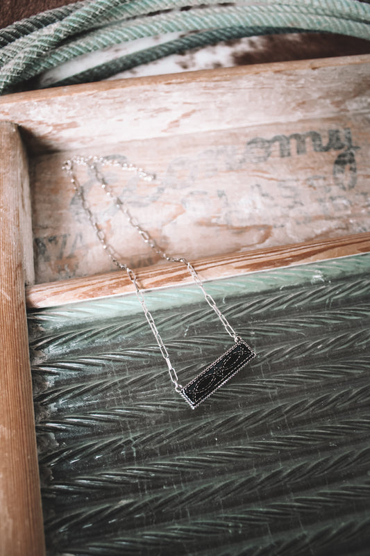 Faux Black Boot Stitch Bar Necklace