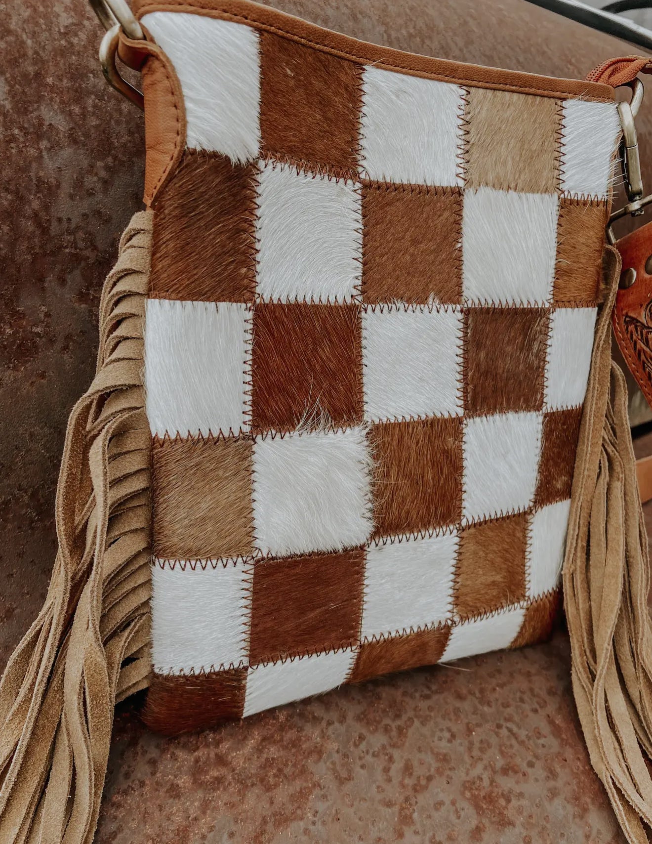 Stockdale Brown Checkered Fringe Bag