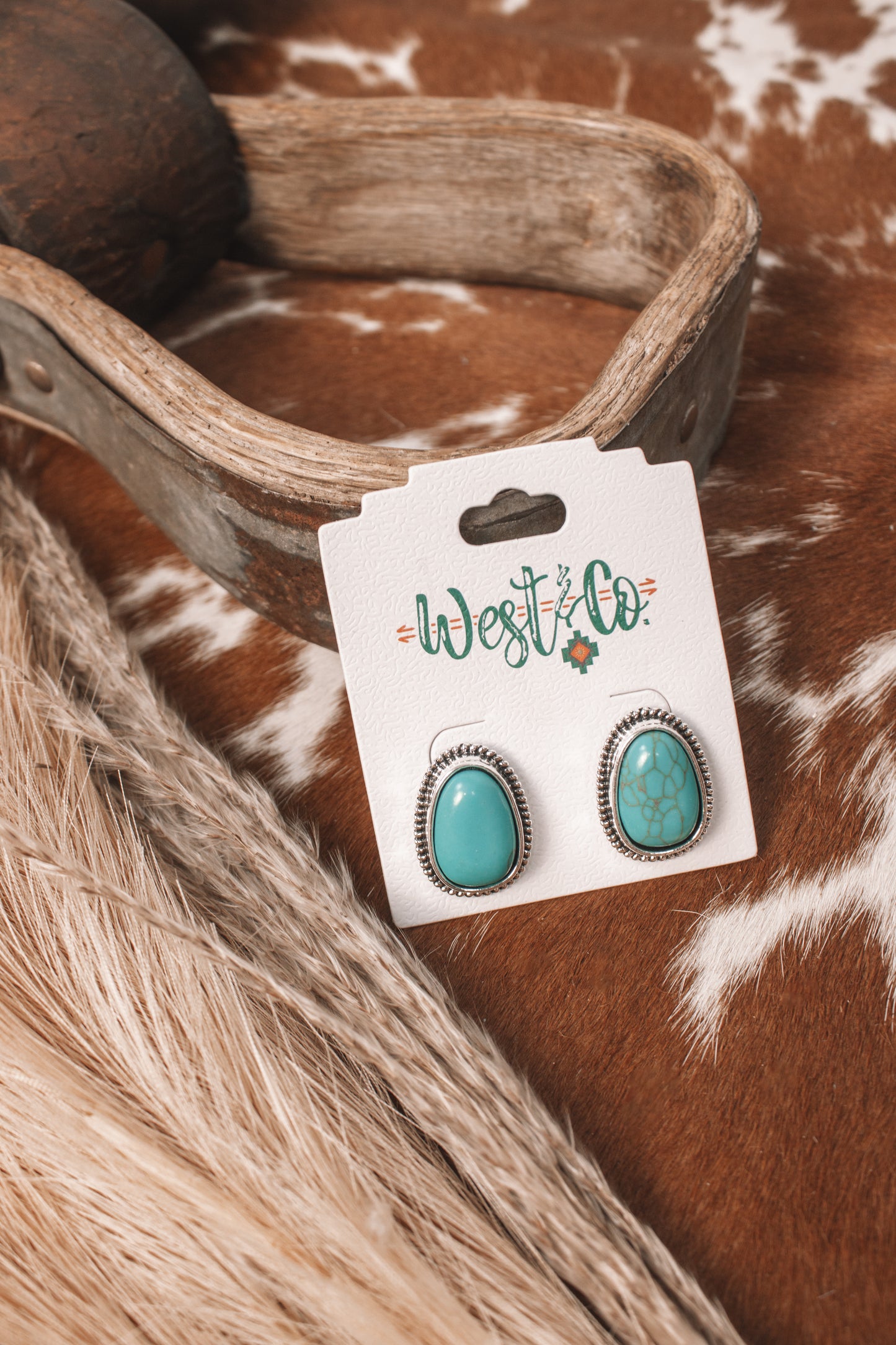 1” Turquoise Post Earrings W/ Burnished Rope Border