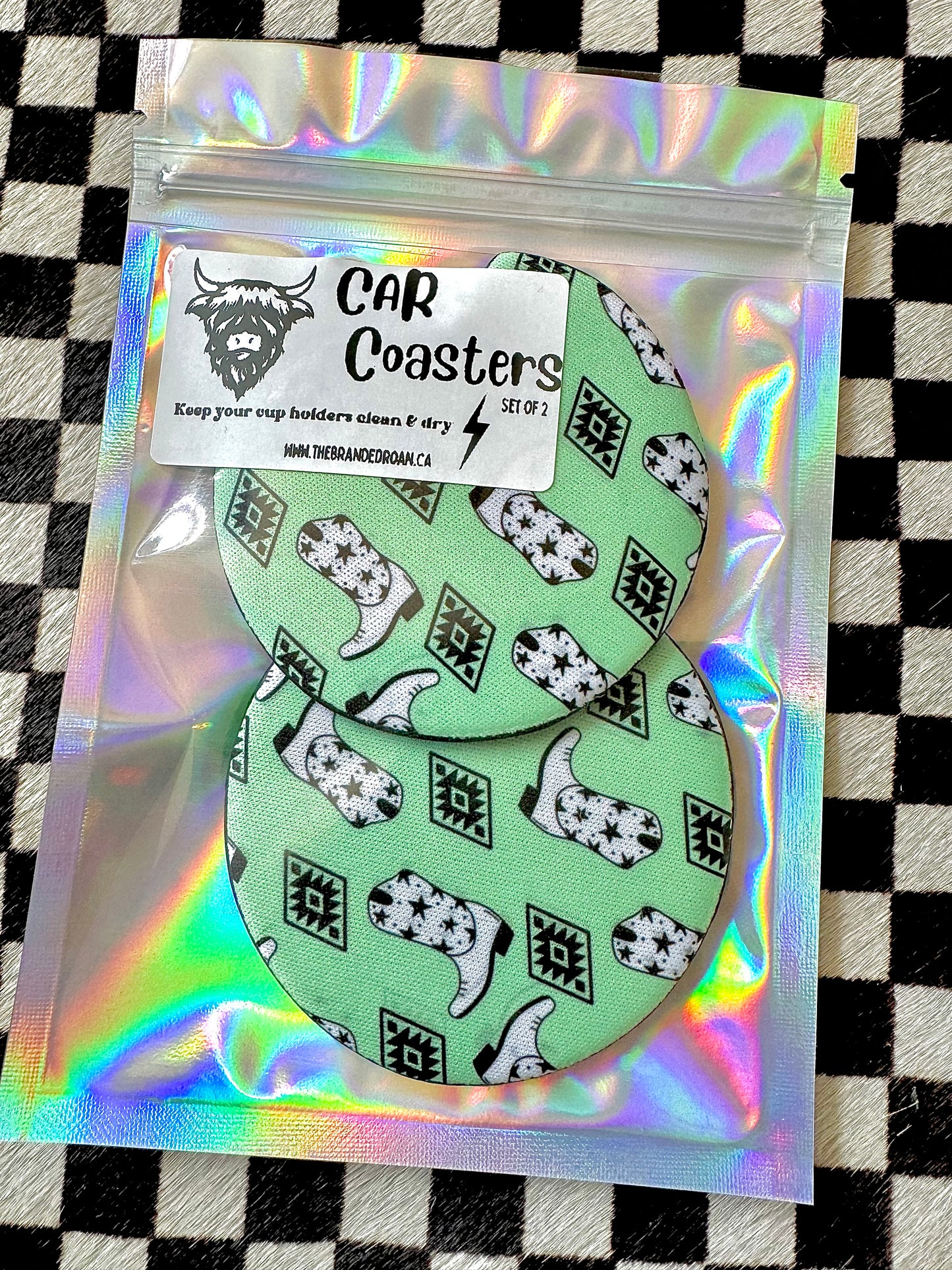 The Branded Roan - Mint Cowboy Boot Patterned Car Coasters