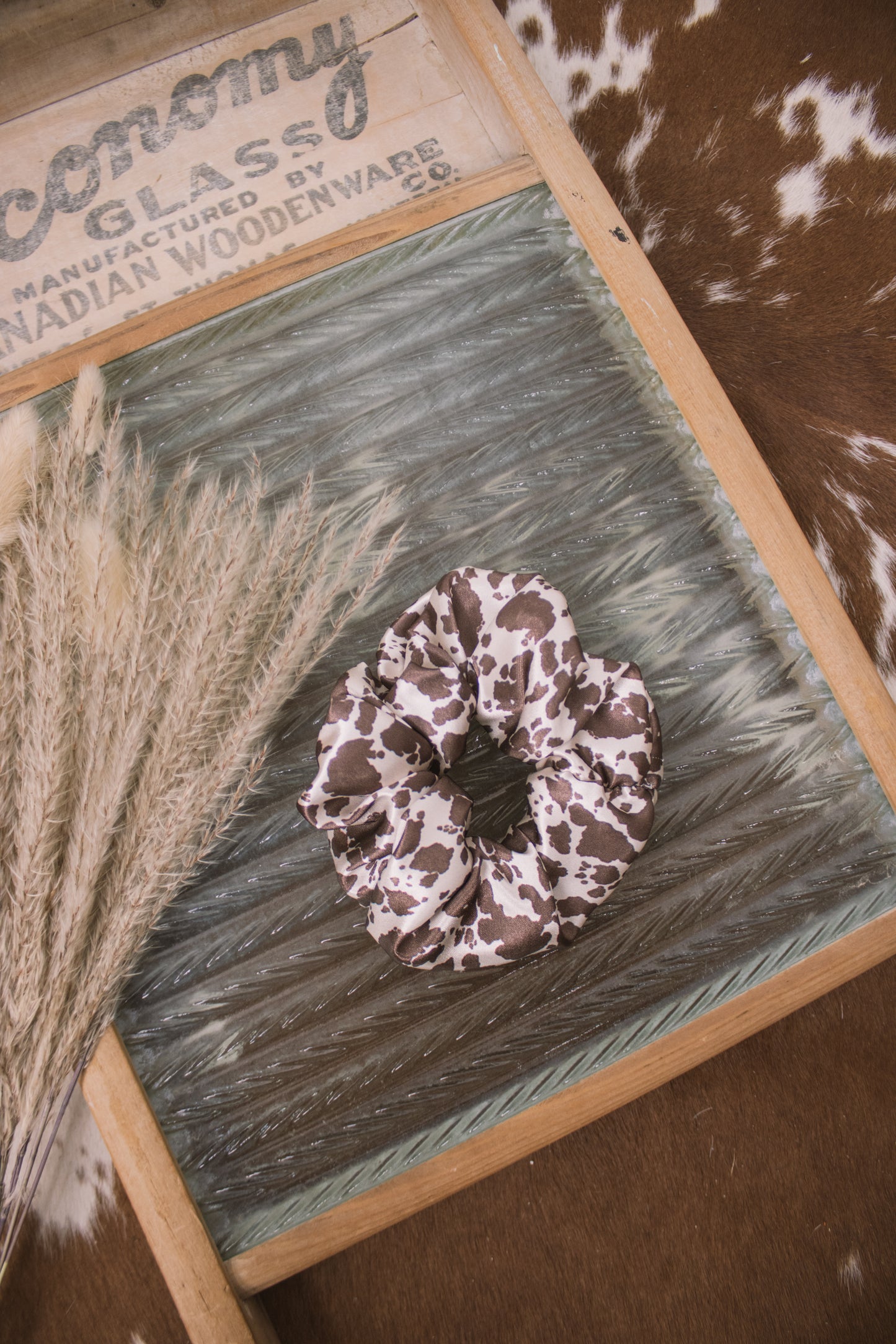 Brown Cowprint Satin Scruchie