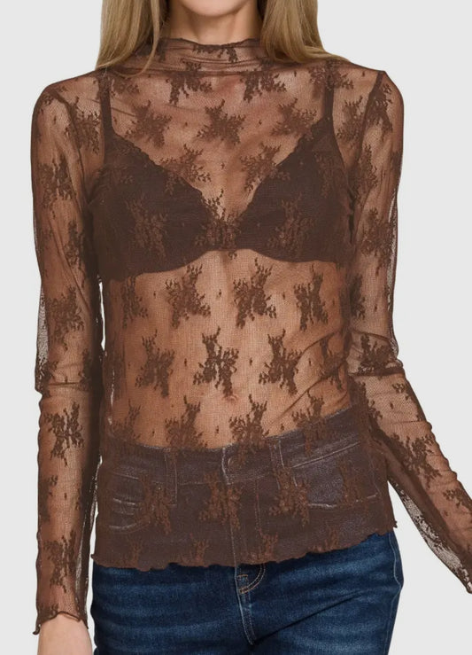 Brown Mesh Layering Top