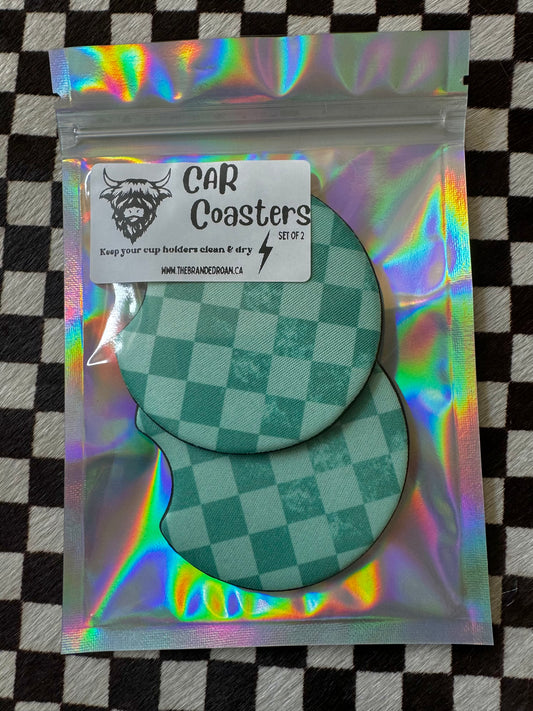 The Branded Roan - Turquoise Checkered Print Car Coasters