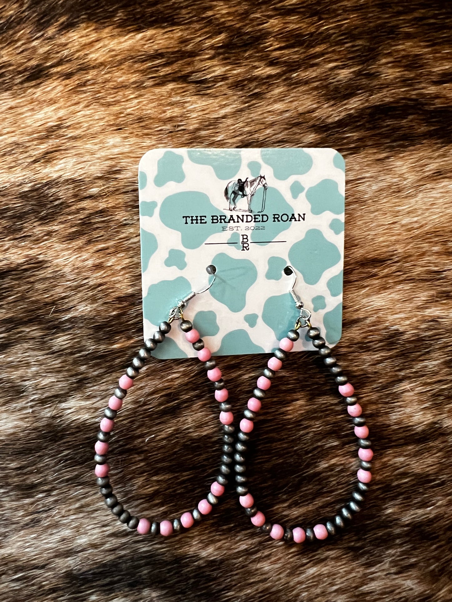 Faux Navijo Pearl & Pink Bead Hoop Earrings