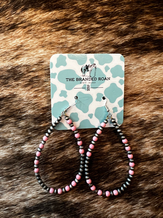 Faux Navijo Pearl & Pink Bead Hoop Earrings
