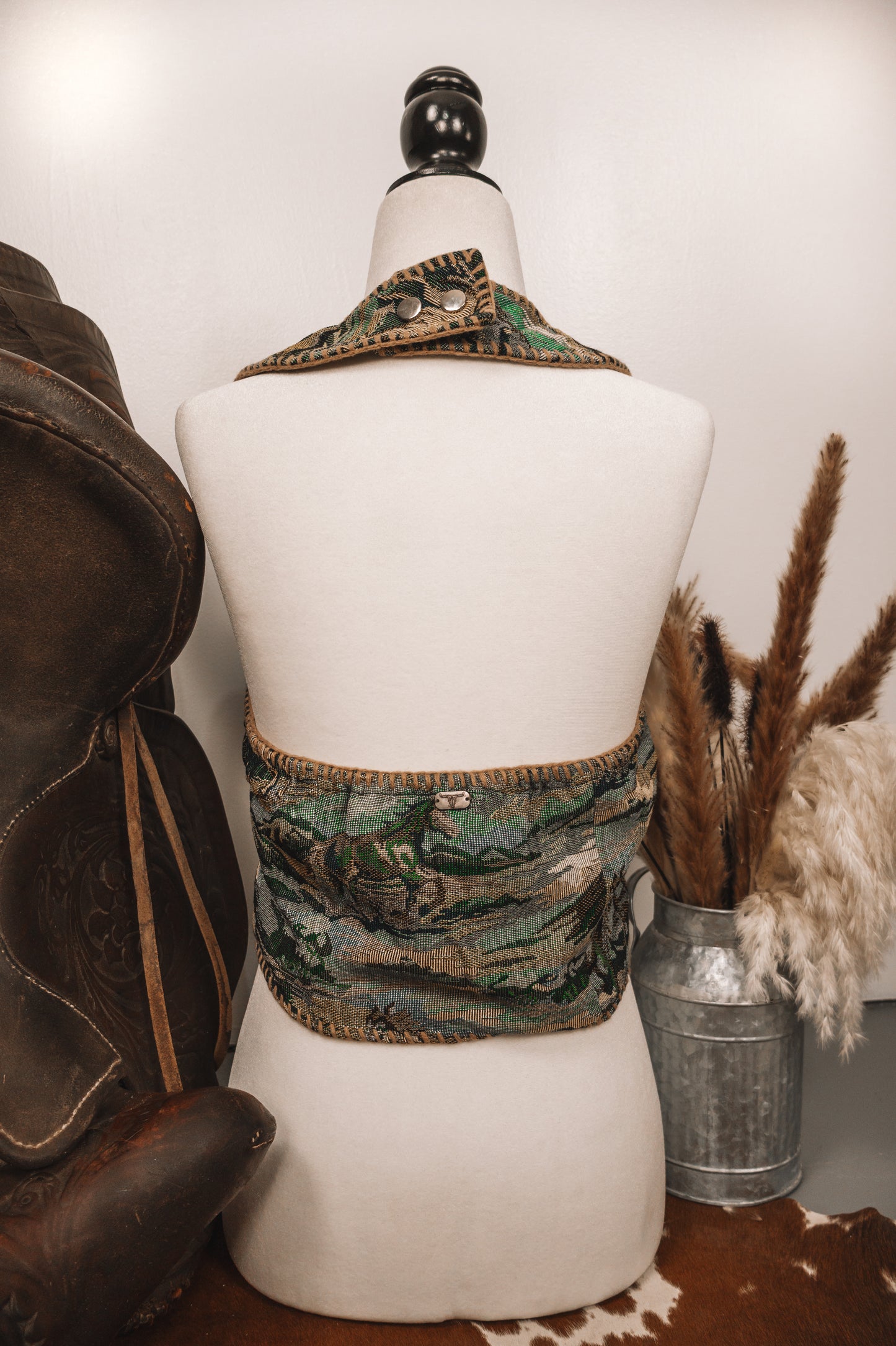 Jacquard Multi Green Horse Woven Tie Front Halter Top